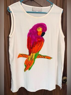 Italian vintage Parrot print white colorful rayon blouse M
